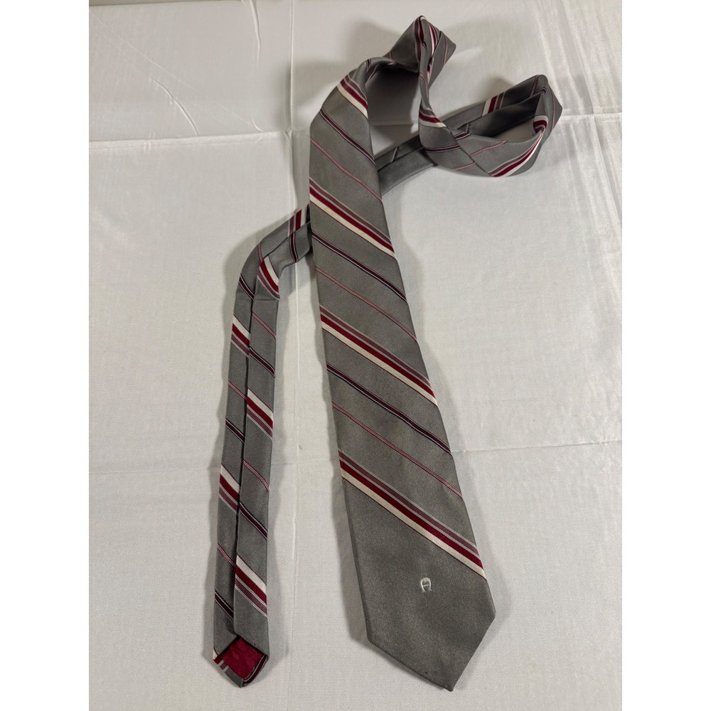 Etienne Aigner Mens Grey Burgundy Red Striped Silk Blend Necktie Logo